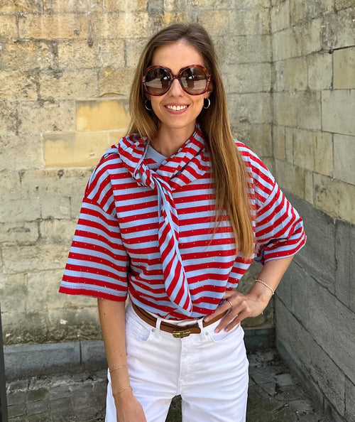 Elise t-shirt with matching scarf - blauw/rood