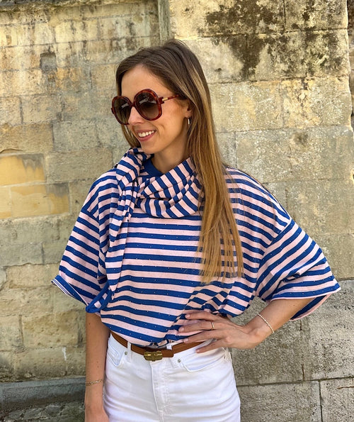 Elise t-shirt with matching scarf - blauw/roze